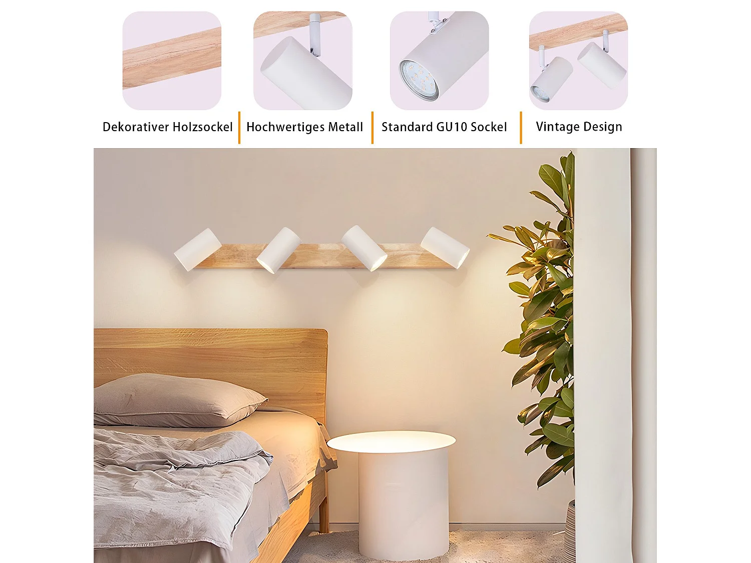 NETTLIFE Spot de plafond 4 flammes bois blanc vintage GU10 plafonnier orientable lampe de couloir orientable 350°