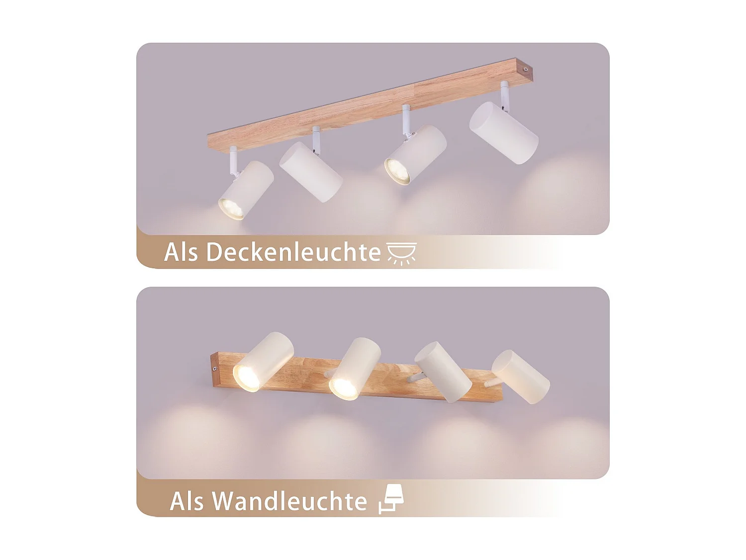 NETTLIFE Spot de plafond 4 flammes bois blanc vintage GU10 plafonnier orientable lampe de couloir orientable 350°