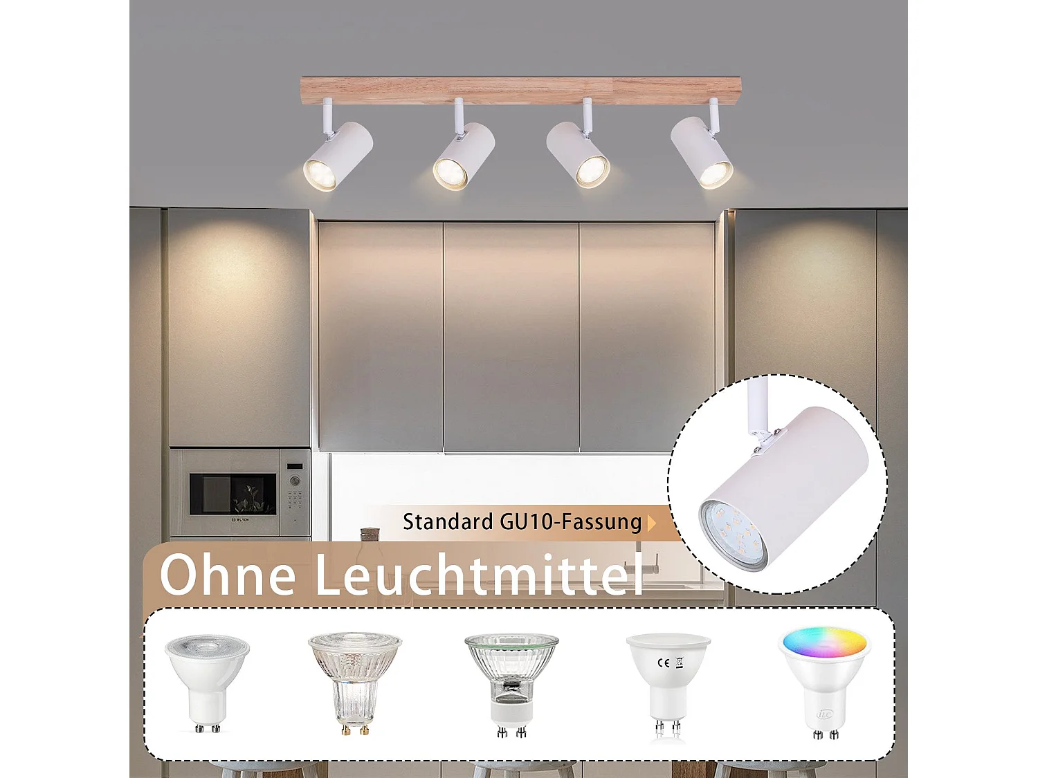 NETTLIFE Spot de plafond 4 flammes bois blanc vintage GU10 plafonnier orientable lampe de couloir orientable 350°