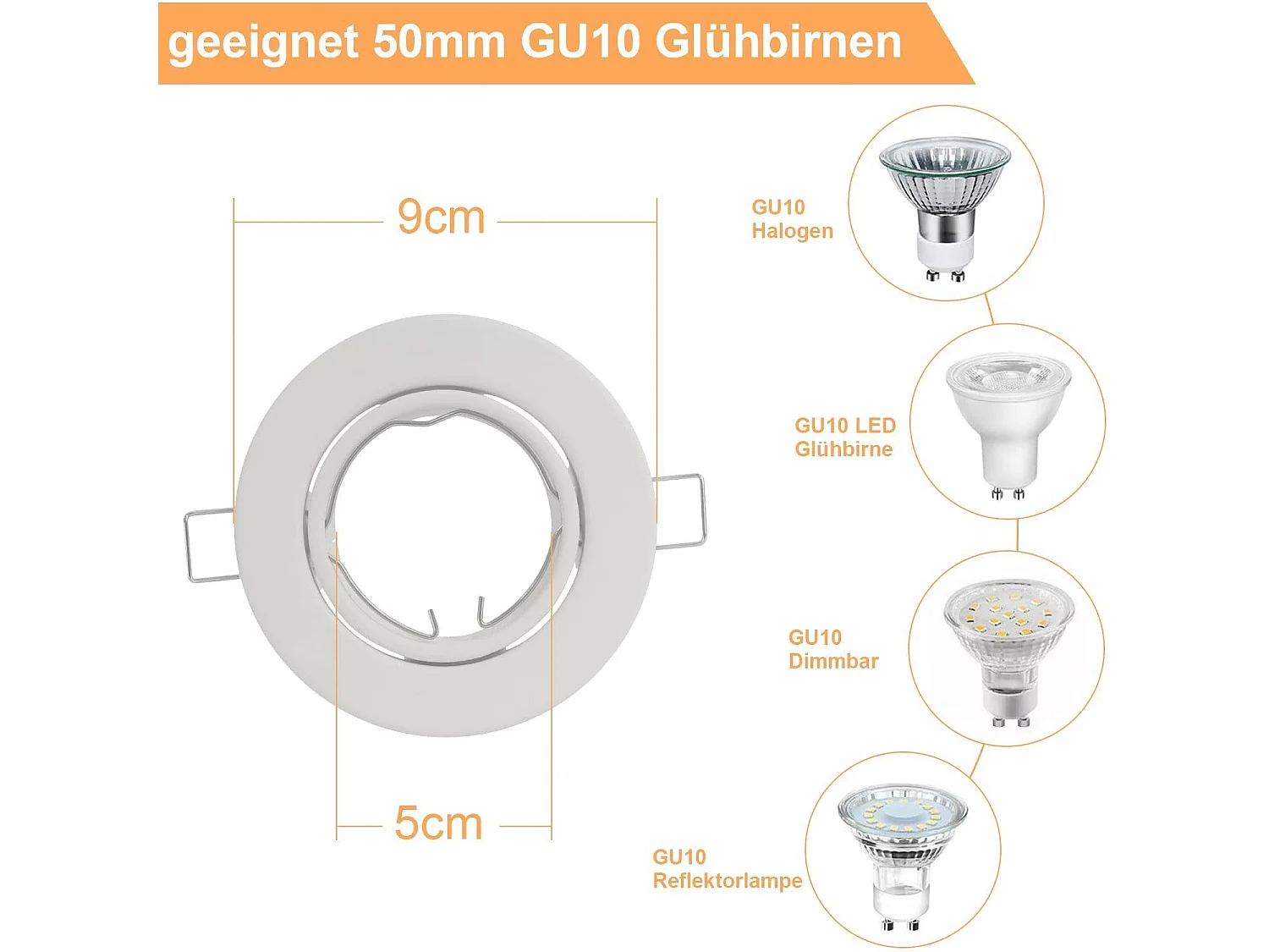 NETTLIFE Cadre encastrable lot de 6 spots encastrables GU10 cadre encastrable blanc 50mm rond en métal