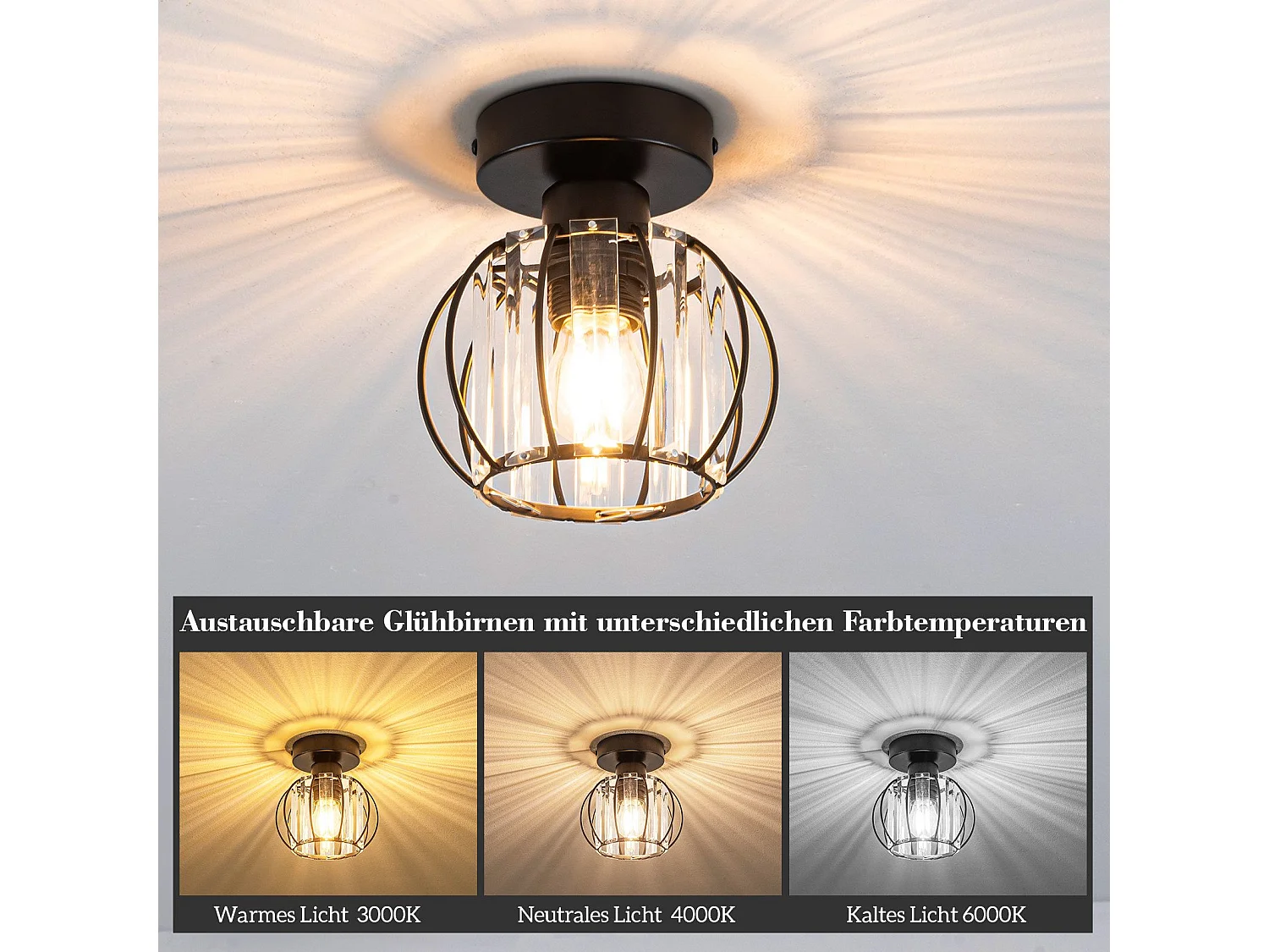 NETTLIFE Plafonnier Cristal Noir Moderne E27 Lampe de Cuisine Vintage avec Cadre en Métal