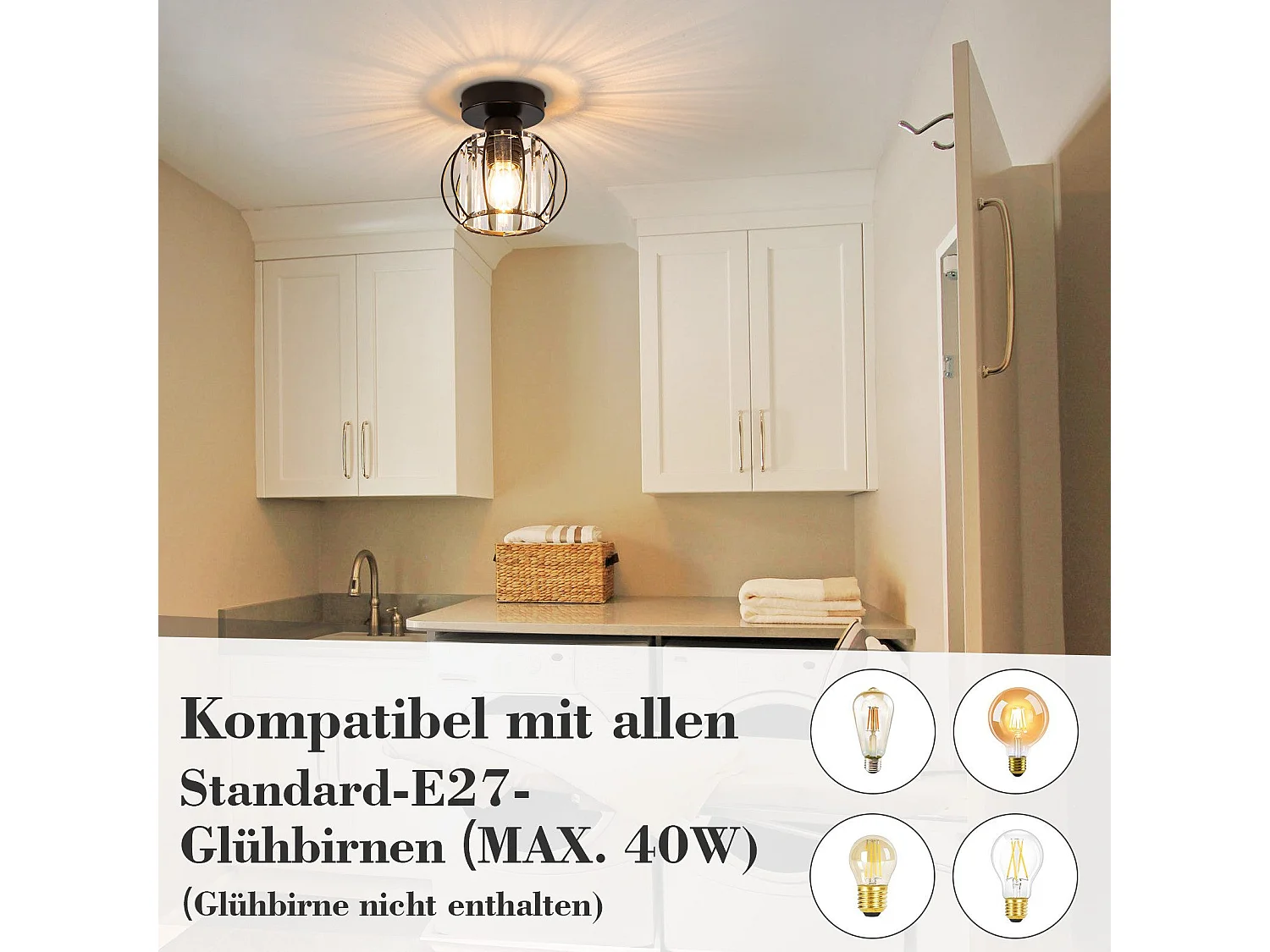 NETTLIFE Plafonnier Cristal Noir Moderne E27 Lampe de Cuisine Vintage avec Cadre en Métal