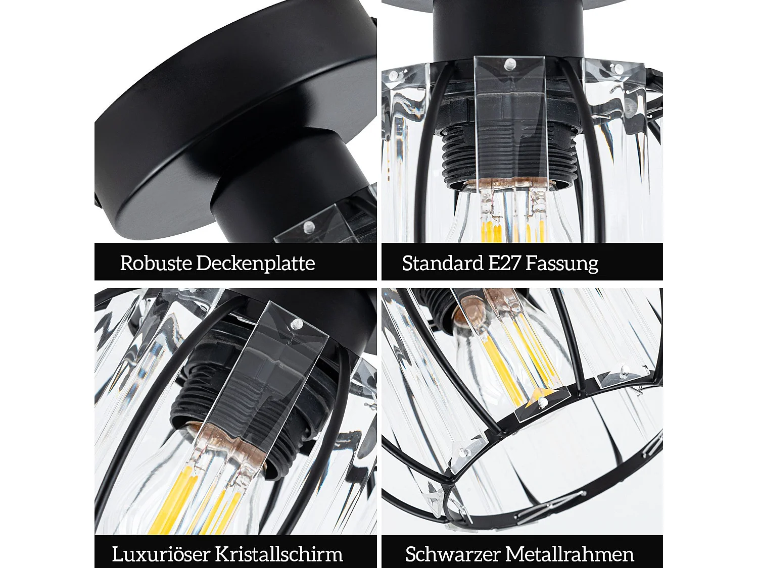 NETTLIFE Nowoczesna czarna kryształowa lampa sufitowa E27 Vintage lampa kuchenna z metalową ramą