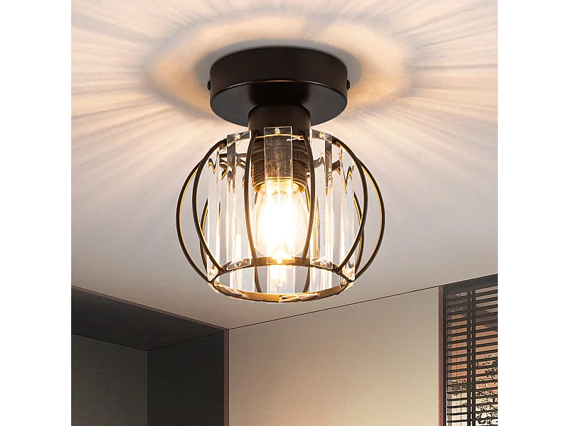 NETTLIFE Moderne Zwarte Kristallen Plafondlamp E27 Vintage Keukenlamp met Metalen Frame