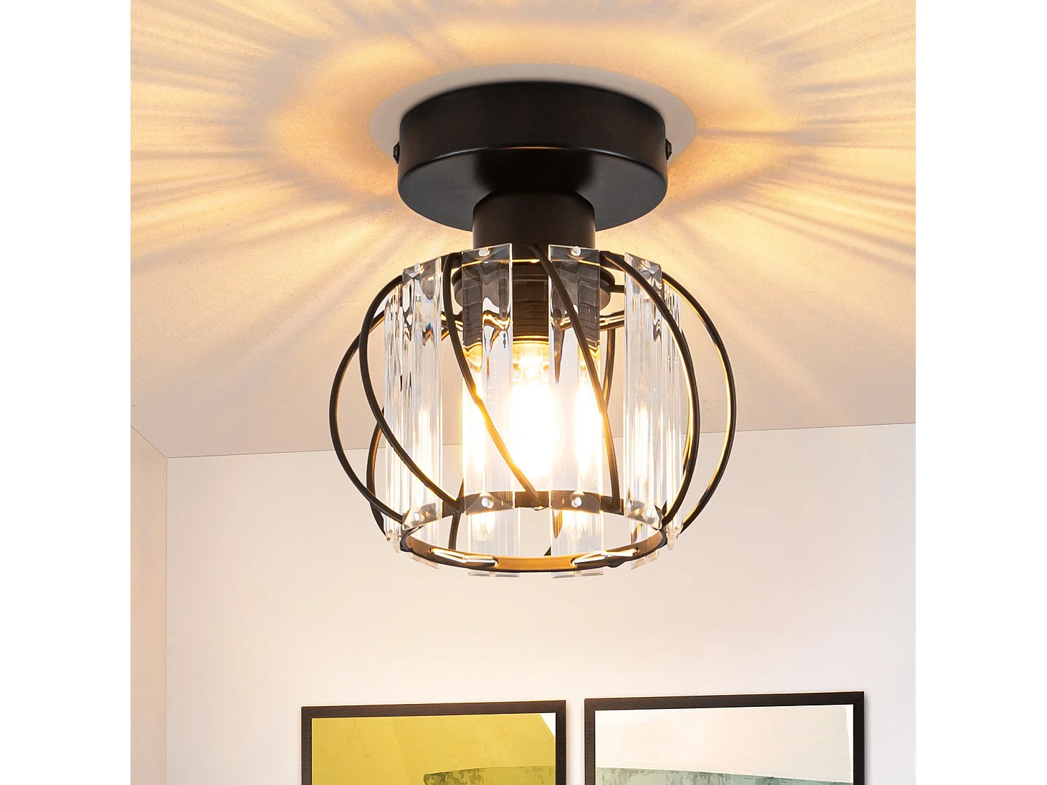 NETTLIFE Plafonnier Cristal Noir Moderne E27 Lampe de Cuisine Vintage avec Cadre en Métal