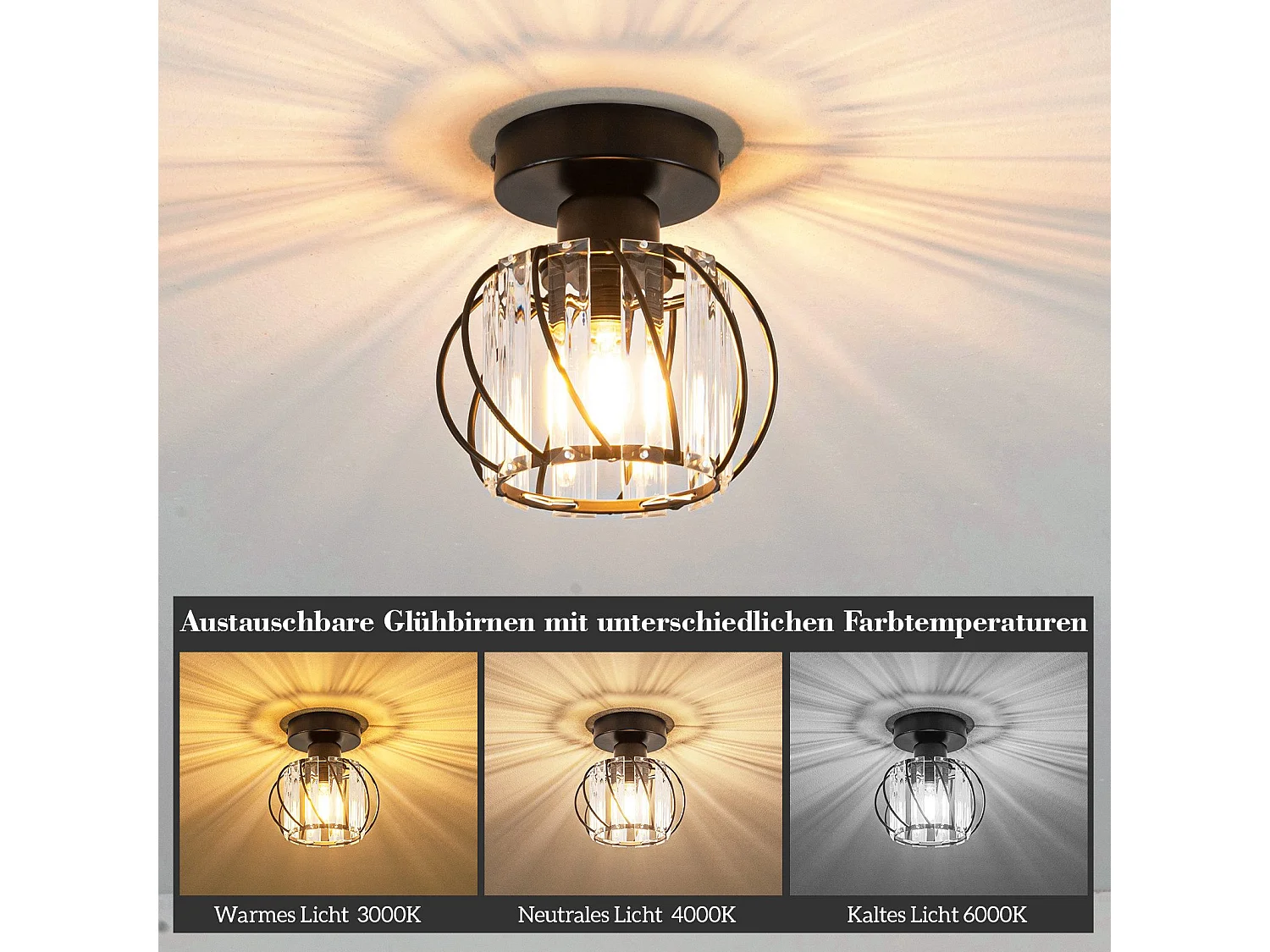 NETTLIFE Plafonnier Cristal Noir Moderne E27 Lampe de Cuisine Vintage avec Cadre en Métal