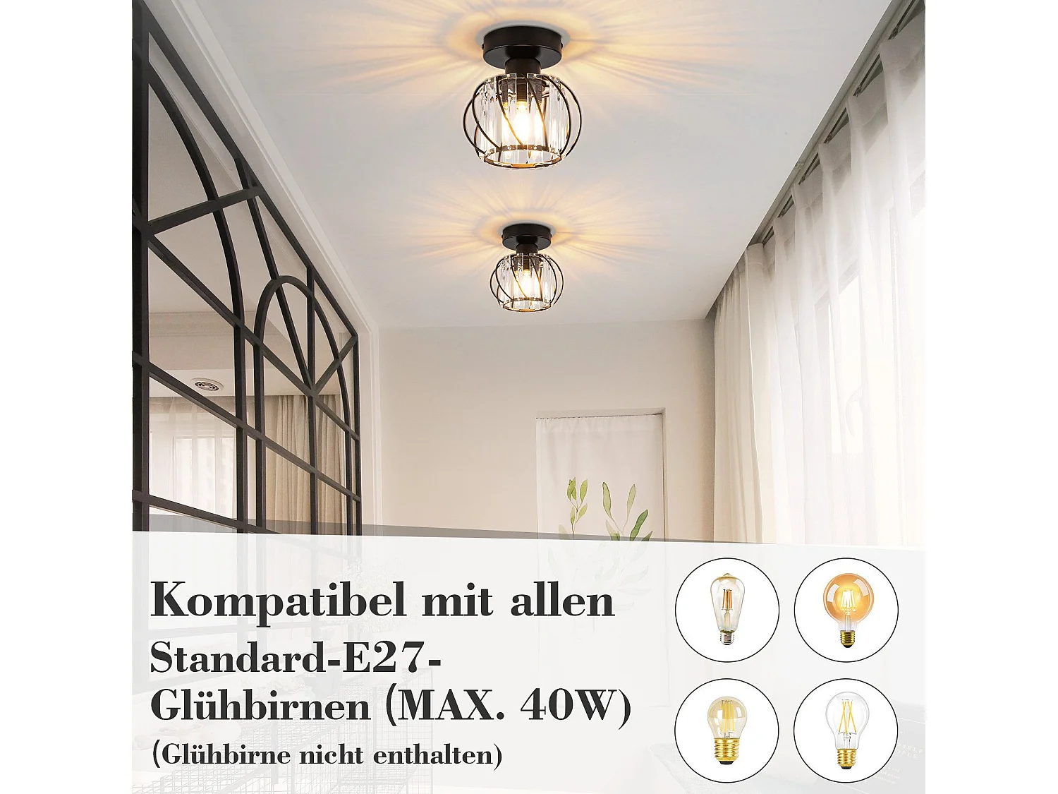 NETTLIFE Plafonnier Cristal Noir Moderne E27 Lampe de Cuisine Vintage avec Cadre en Métal