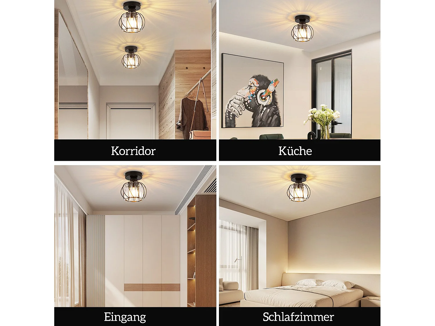 NETTLIFE Plafonnier Cristal Noir Moderne E27 Lampe de Cuisine Vintage avec Cadre en Métal