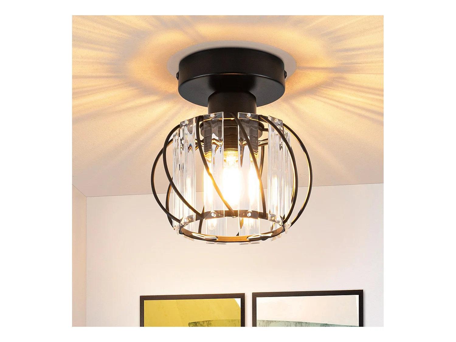 NETTLIFE Plafonnier Cristal Noir Moderne E27 Lampe de Cuisine Vintage avec Cadre en Métal