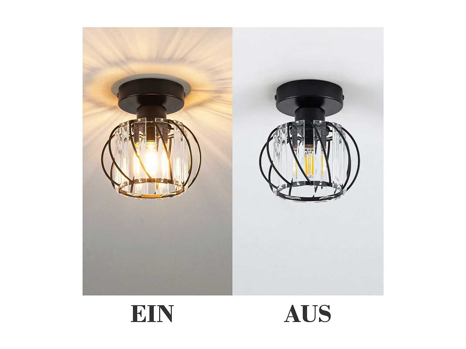 NETTLIFE Plafonnier Cristal Noir Moderne E27 Lampe de Cuisine Vintage avec Cadre en Métal