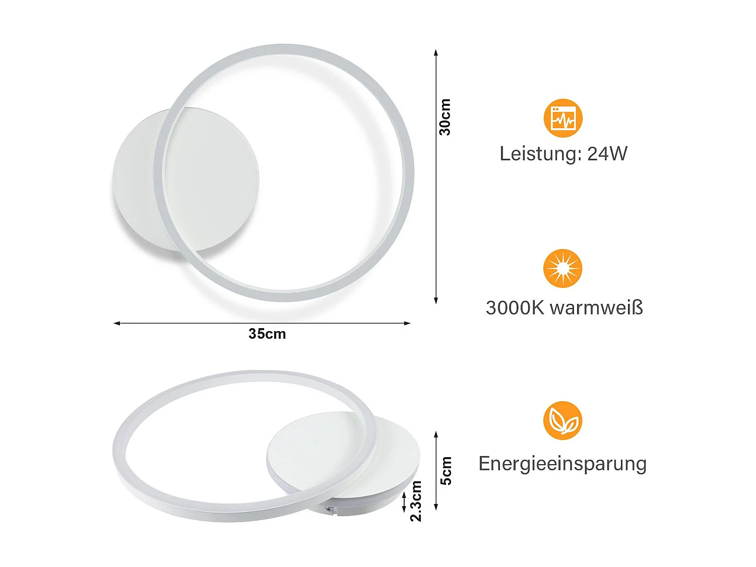 NETTLIFE Plafonnier LED Salon 24W Noir Moderne 2 Anneaux 3000K Blanc Chaud