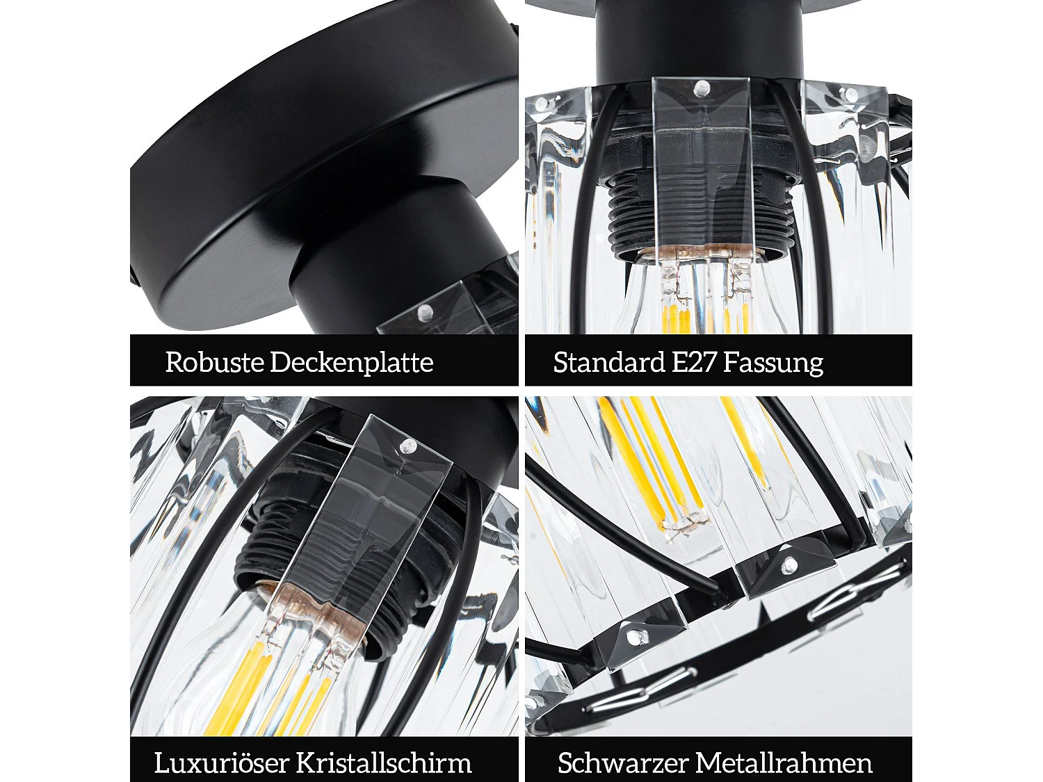 NETTLIFE Nowoczesna czarna kryształowa lampa sufitowa E27 Vintage lampa kuchenna z metalową ramą