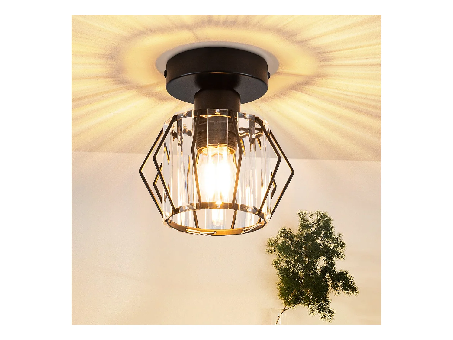 NETTLIFE Plafonnier Cristal Noir Moderne E27 Lampe de Cuisine Vintage avec Cadre en Métal