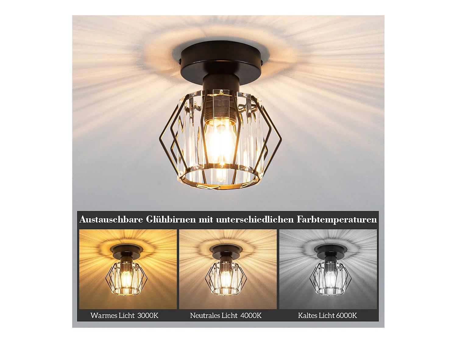 NETTLIFE Moderne Zwarte Kristallen Plafondlamp E27 Vintage Keukenlamp met Metalen Frame