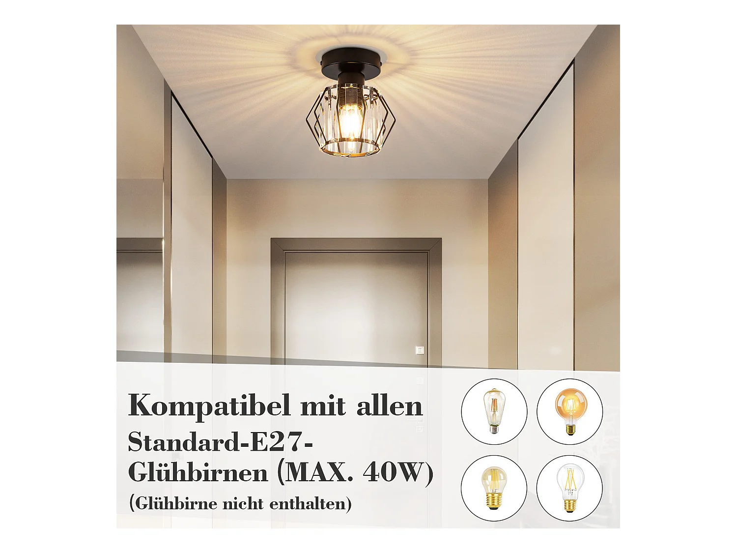 NETTLIFE Moderne Zwarte Kristallen Plafondlamp E27 Vintage Keukenlamp met Metalen Frame