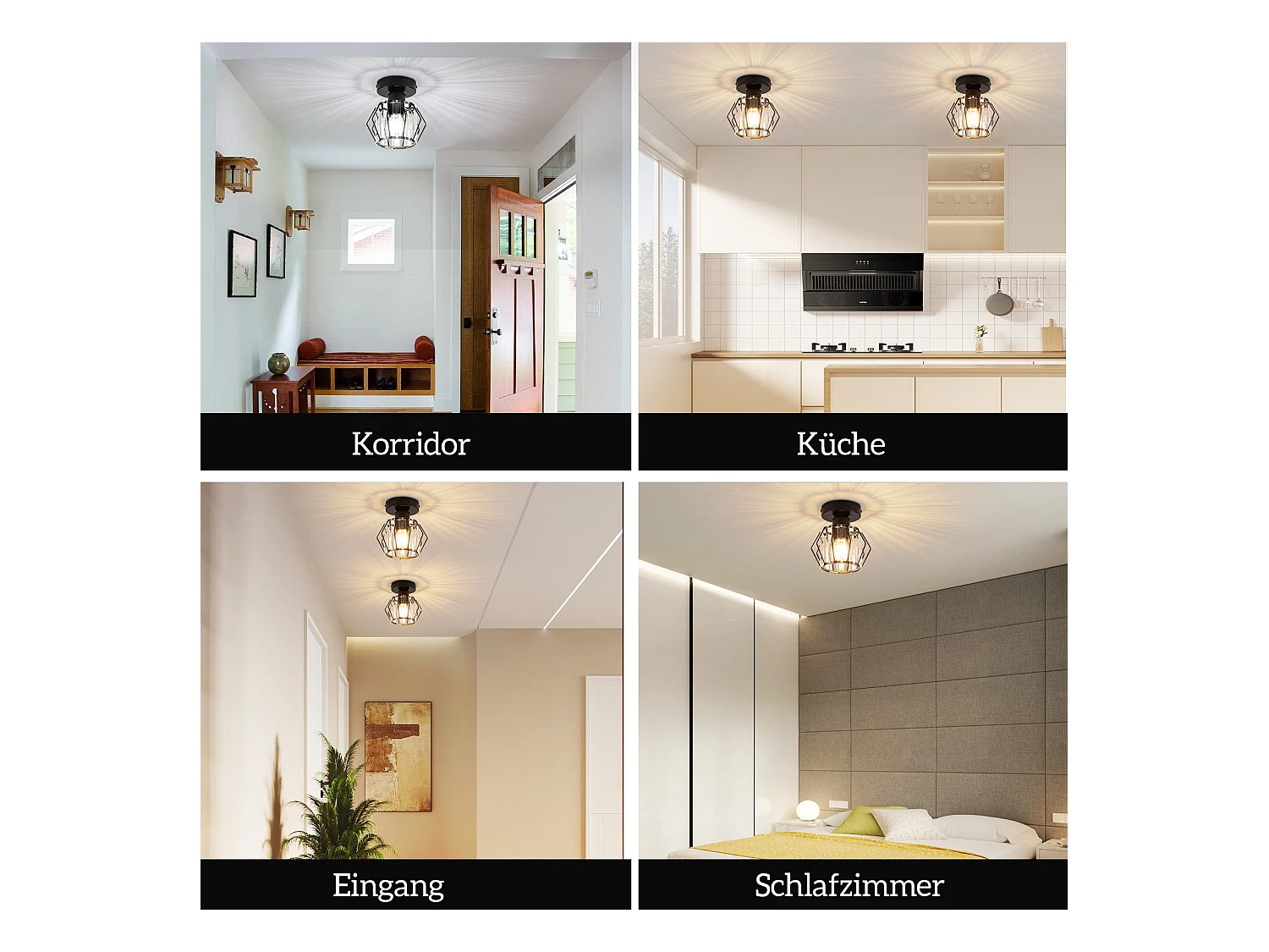 NETTLIFE Moderne Zwarte Kristallen Plafondlamp E27 Vintage Keukenlamp met Metalen Frame