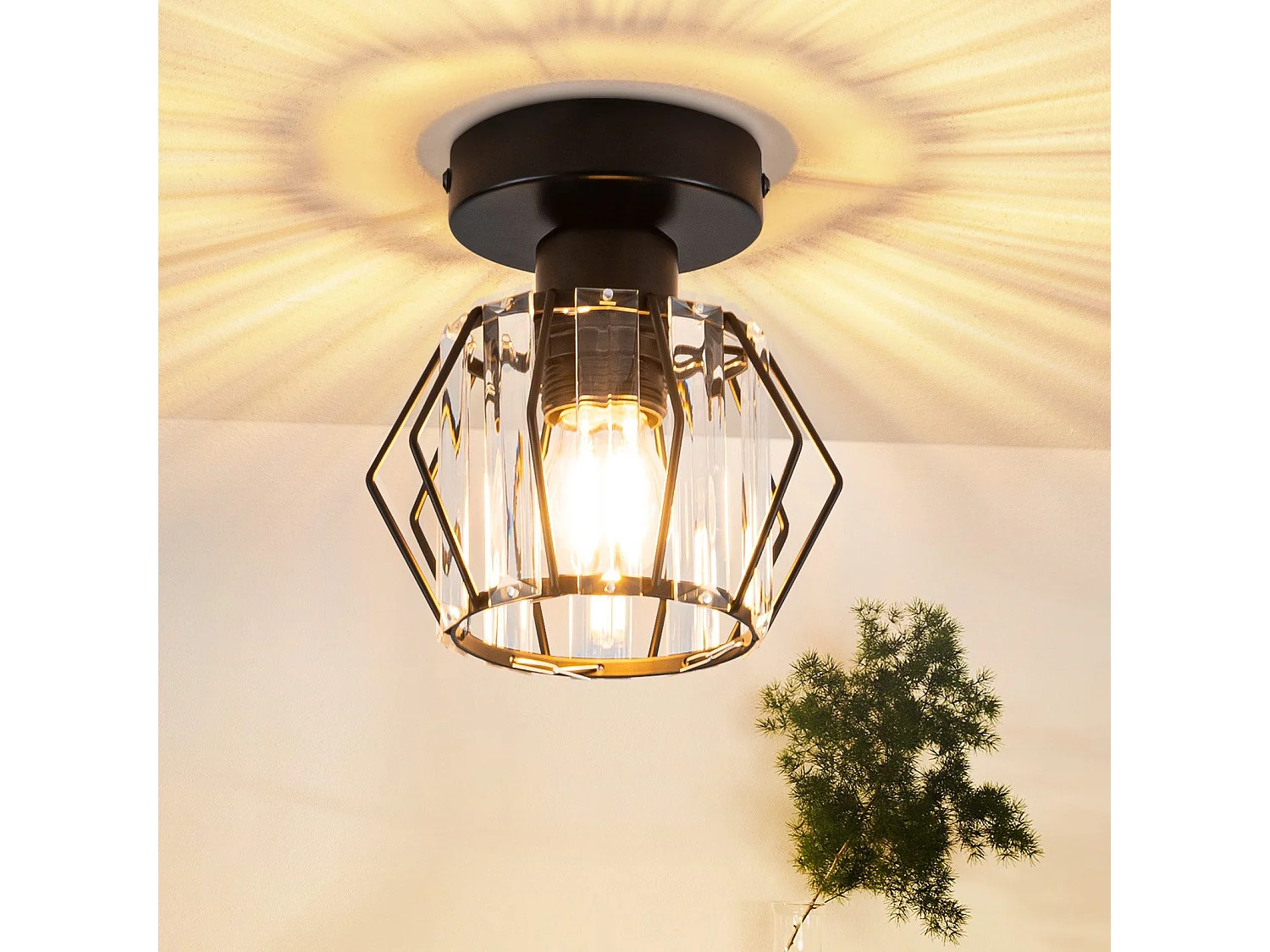 NETTLIFE Plafonnier Cristal Noir Moderne E27 Lampe de Cuisine Vintage avec Cadre en Métal