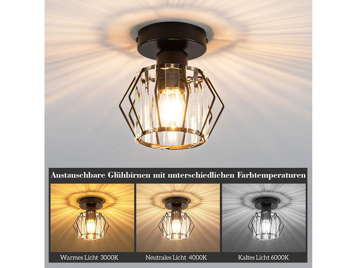 NETTLIFE Plafonnier Cristal Noir Moderne E27 Lampe de Cuisine Vintage avec Cadre en Métal