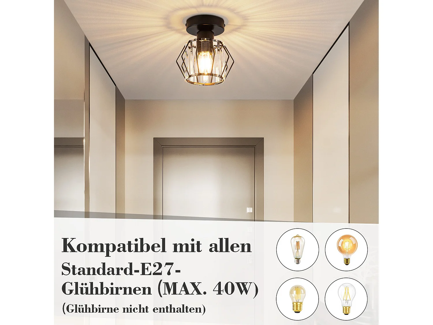 NETTLIFE Plafonnier Cristal Noir Moderne E27 Lampe de Cuisine Vintage avec Cadre en Métal