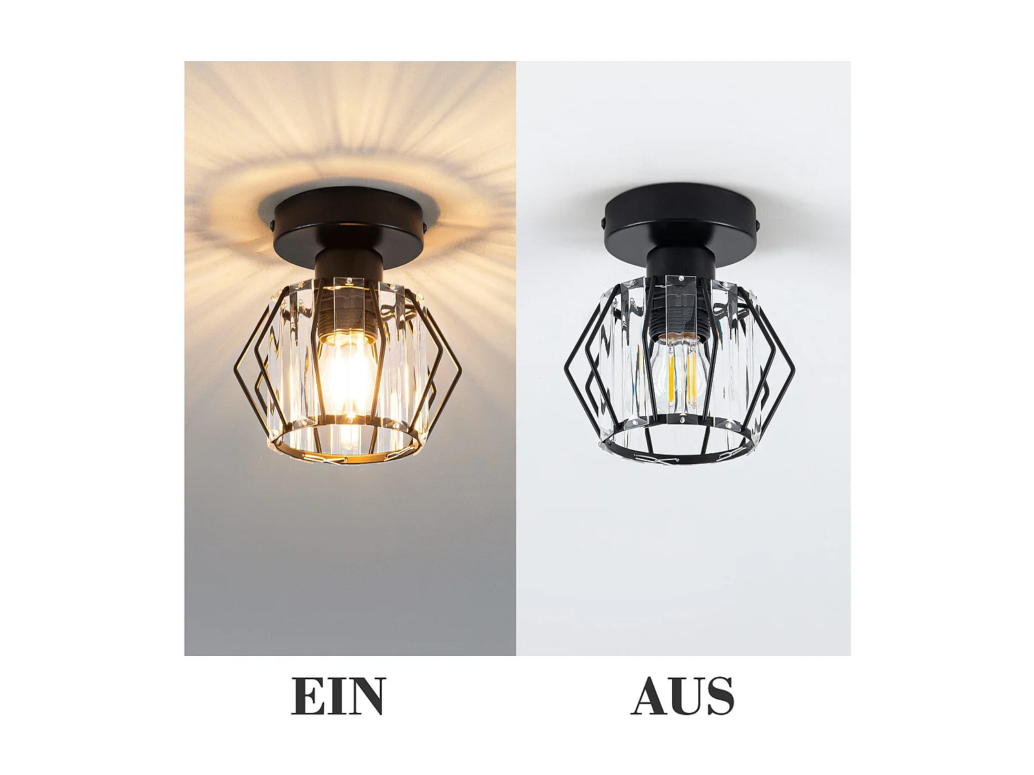 NETTLIFE Plafonnier Cristal Noir Moderne E27 Lampe de Cuisine Vintage avec Cadre en Métal