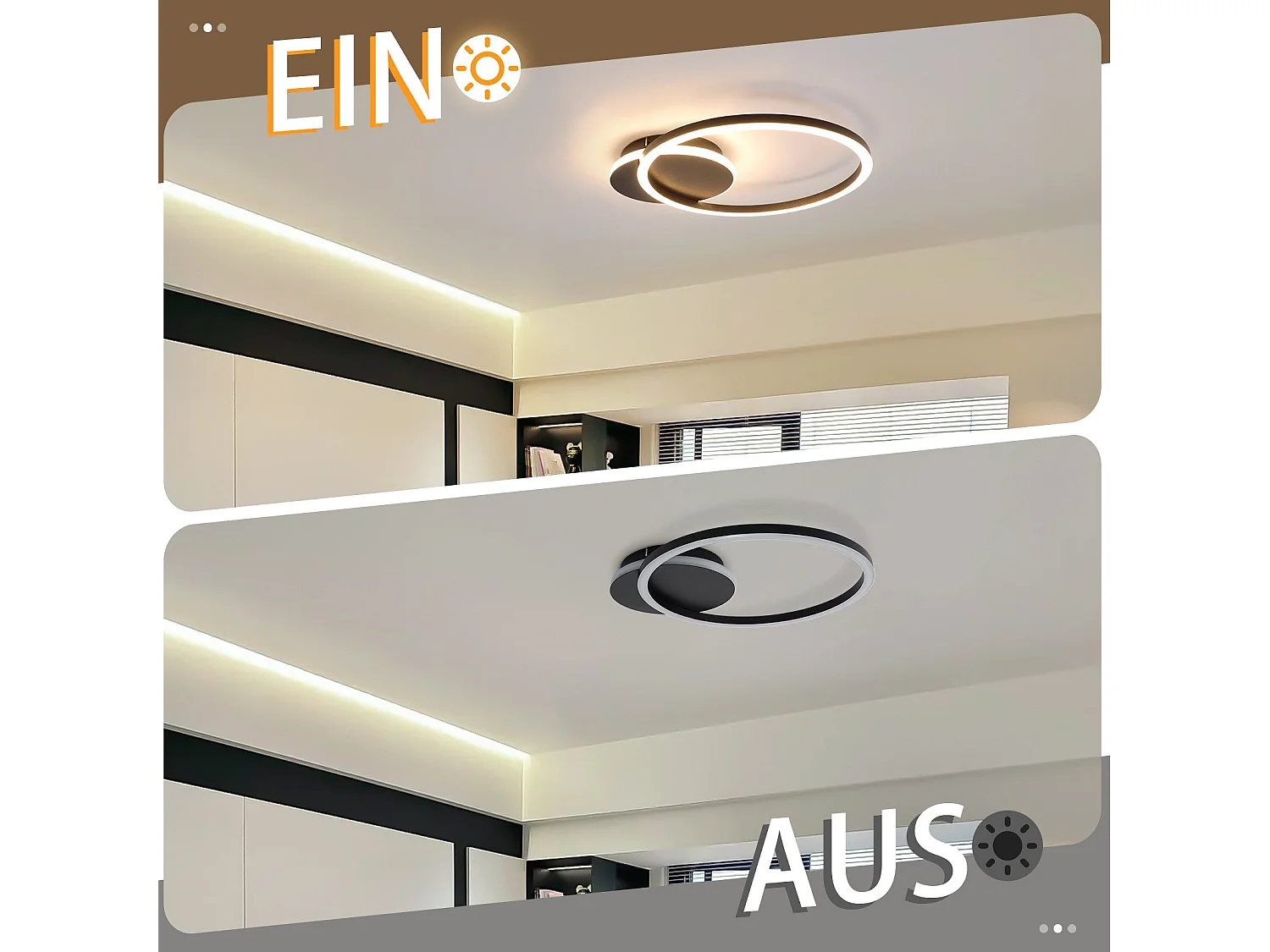 NETTLIFE Plafonnier LED Salon 24W Noir Moderne 2 Anneaux 3000K Blanc Chaud