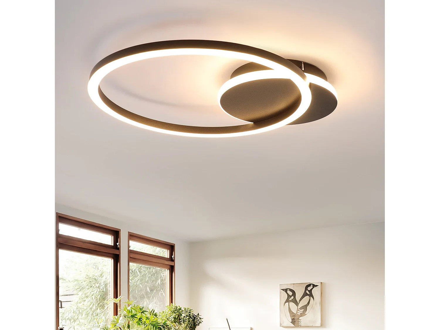 NETTLIFE Plafonnier LED Salon 24W Noir Moderne 2 Anneaux 3000K Blanc Chaud