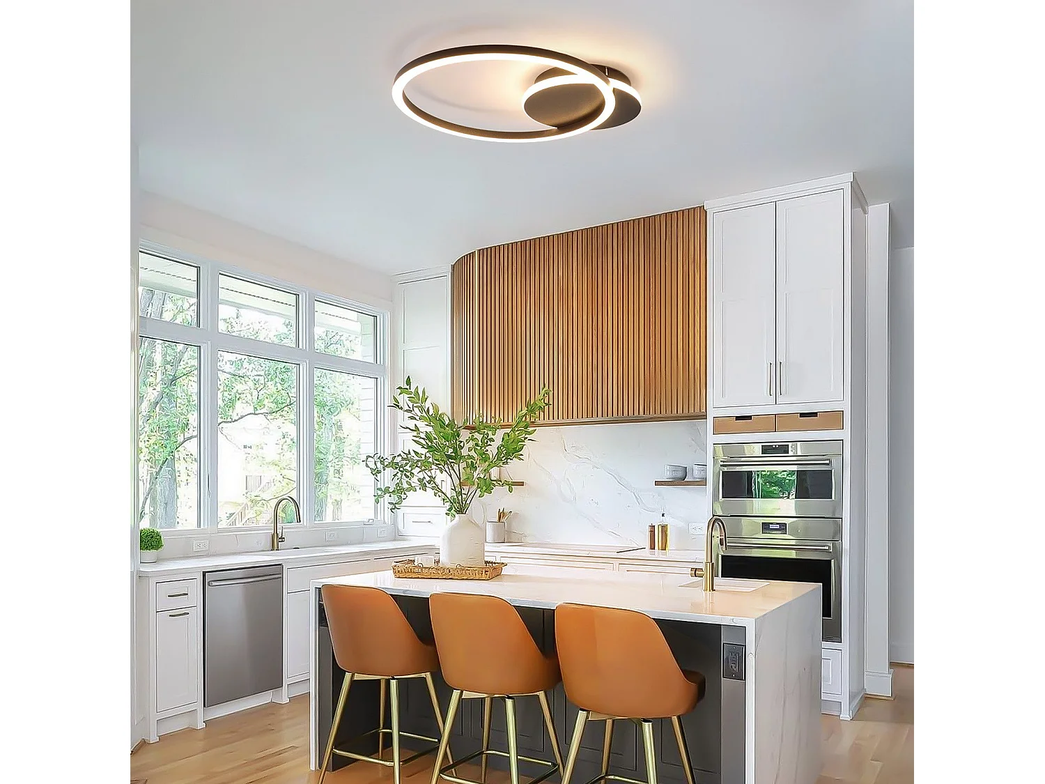 NETTLIFE Plafonnier LED Salon 24W Noir Moderne 2 Anneaux 3000K Blanc Chaud