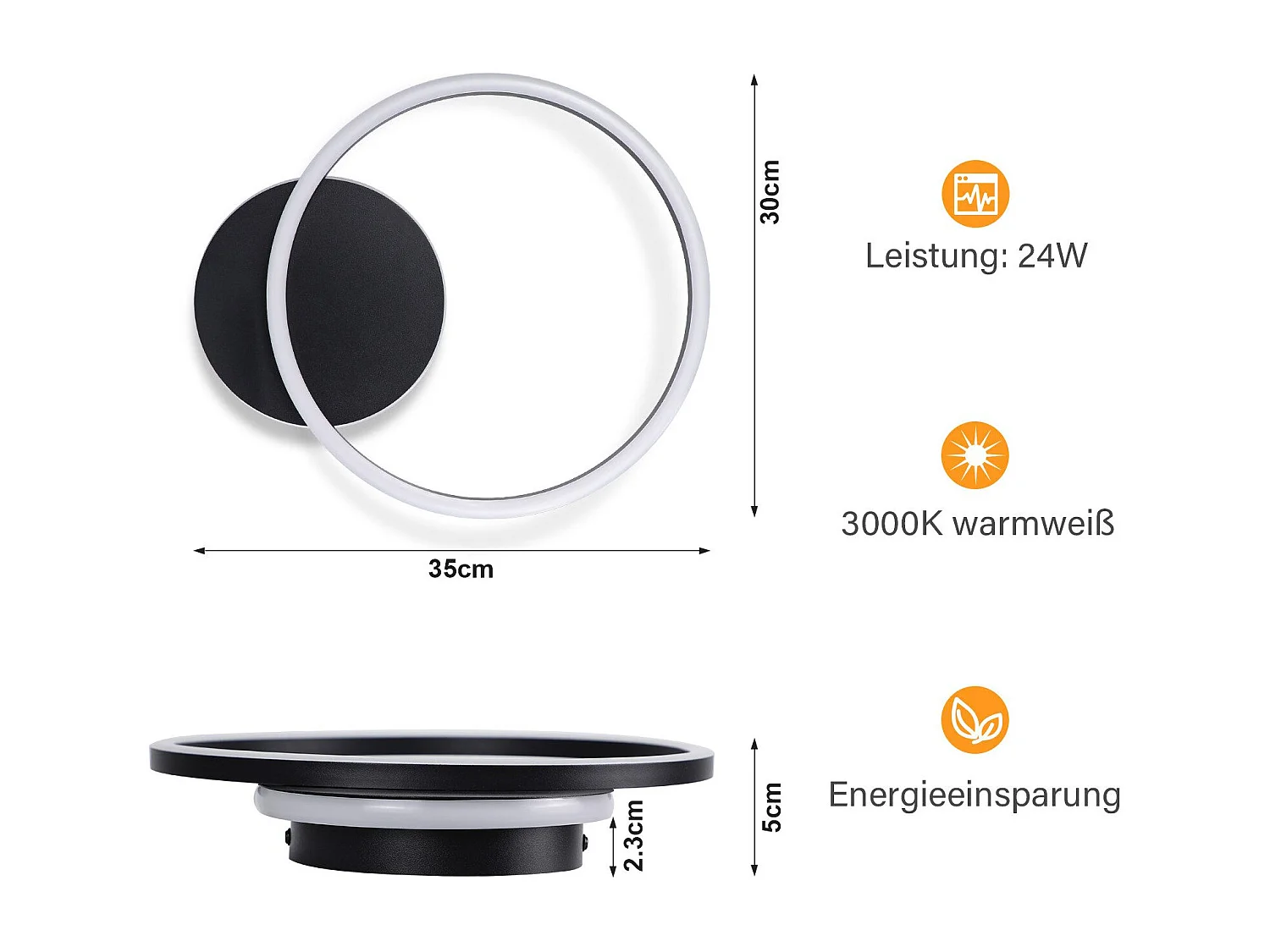 NETTLIFE Plafonnier LED Salon 24W Noir Moderne 2 Anneaux 3000K Blanc Chaud