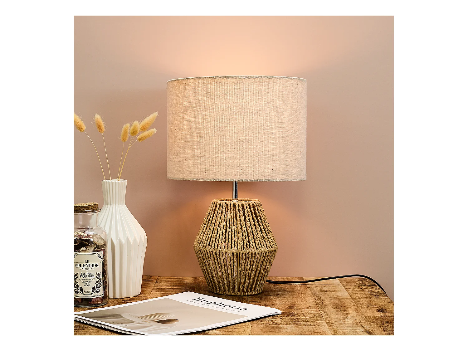Lampe Abatjour Lin H35cm Marron, Blanc