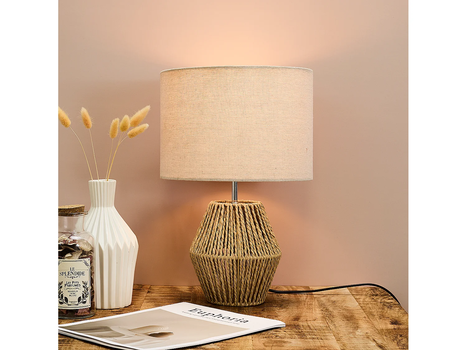 Lampe Abatjour Lin H35cm Marron, Blanc