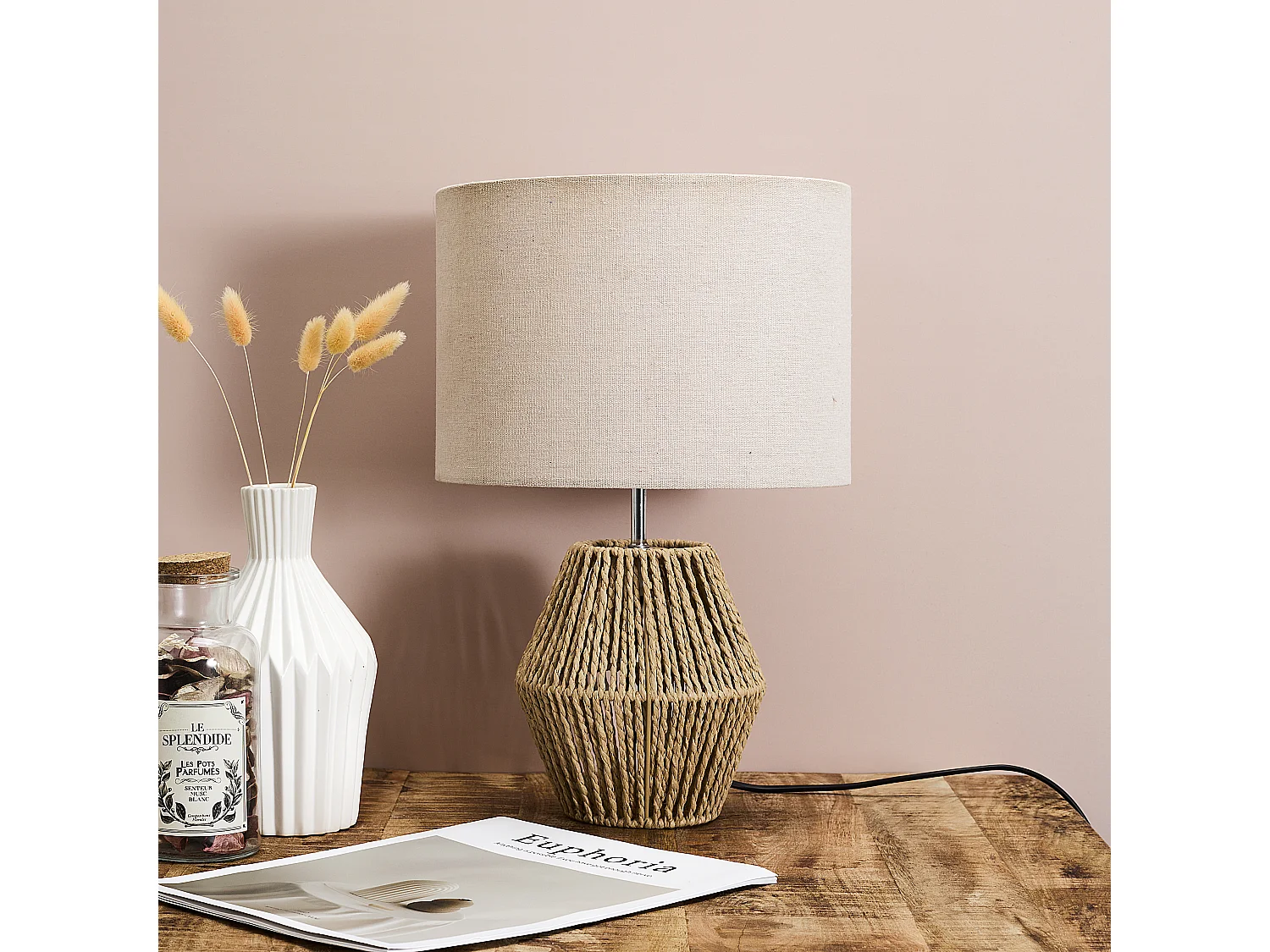 Lampe Abatjour Lin H35cm Marron, Blanc