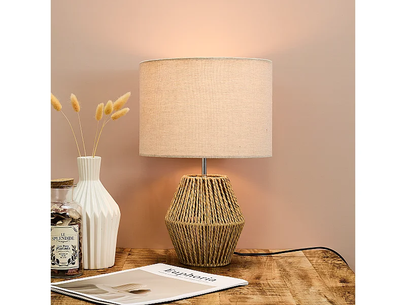 Lampe Abatjour Lin H35cm Marron, Blanc