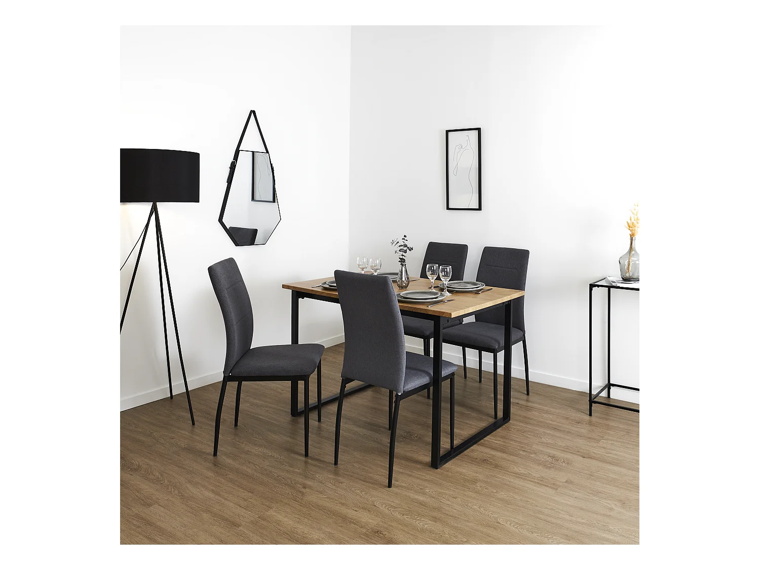 Table Et 4 Chaises Tissu Abbott Marron, Noir, Gris