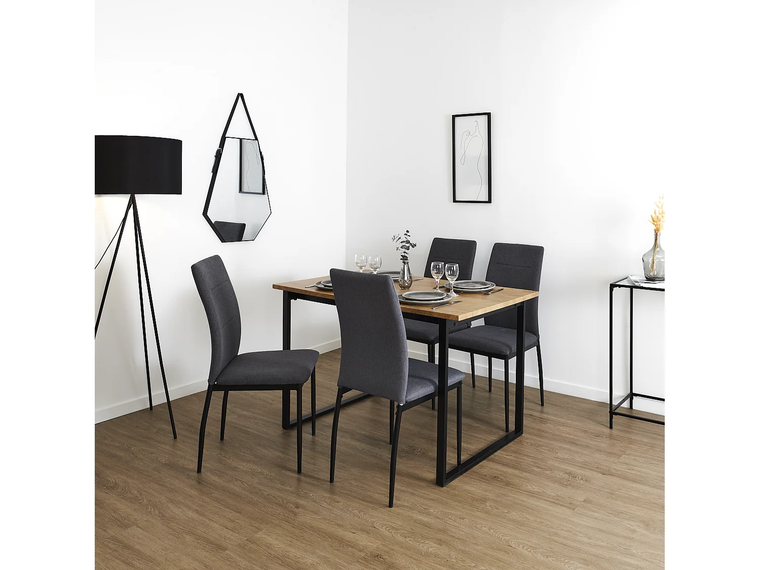 Table Et 4 Chaises Tissu Abbott Marron, Noir, Gris