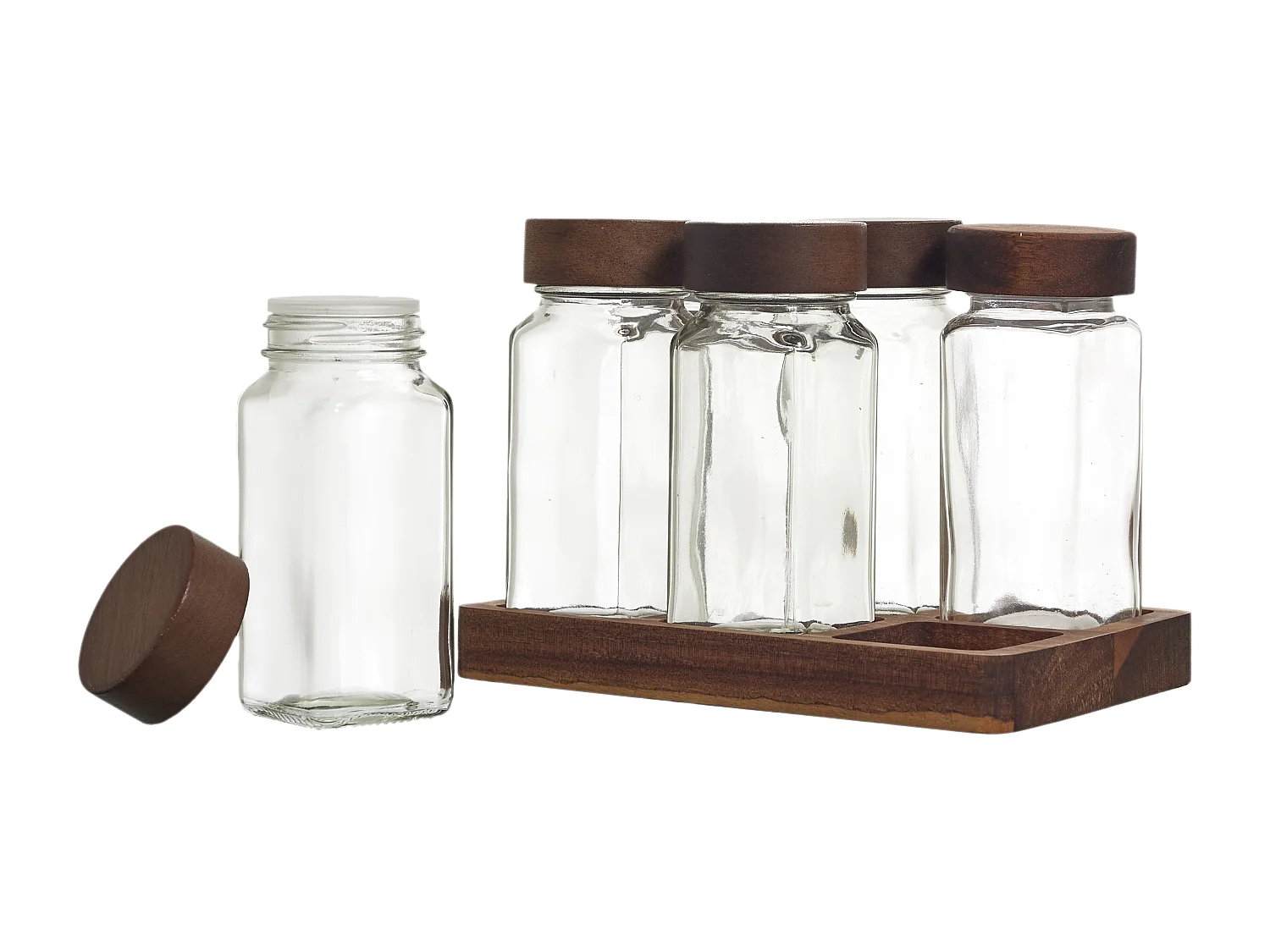 Bocaux A Epices X6 Sur Plateau Acacia Transparent