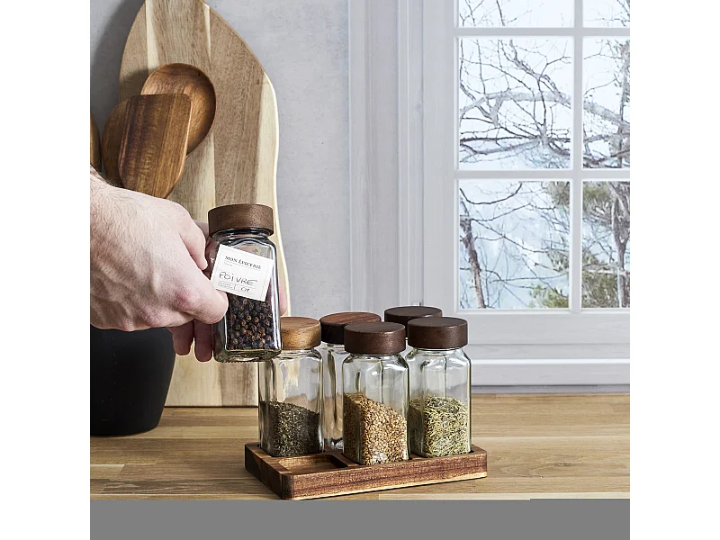 Bocaux A Epices X6 Sur Plateau Acacia Transparent