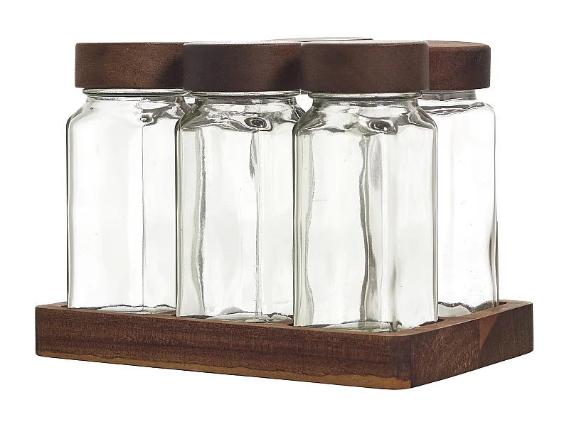 Bocaux A Epices X6 Sur Plateau Acacia Transparent