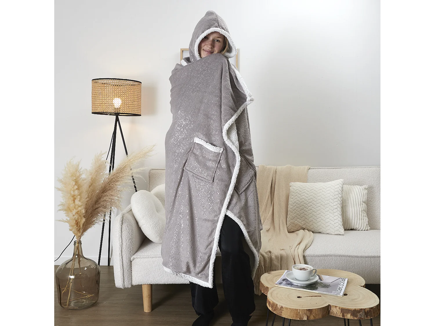 Sweat Poncho Gris Printe Int Sherpa Gris