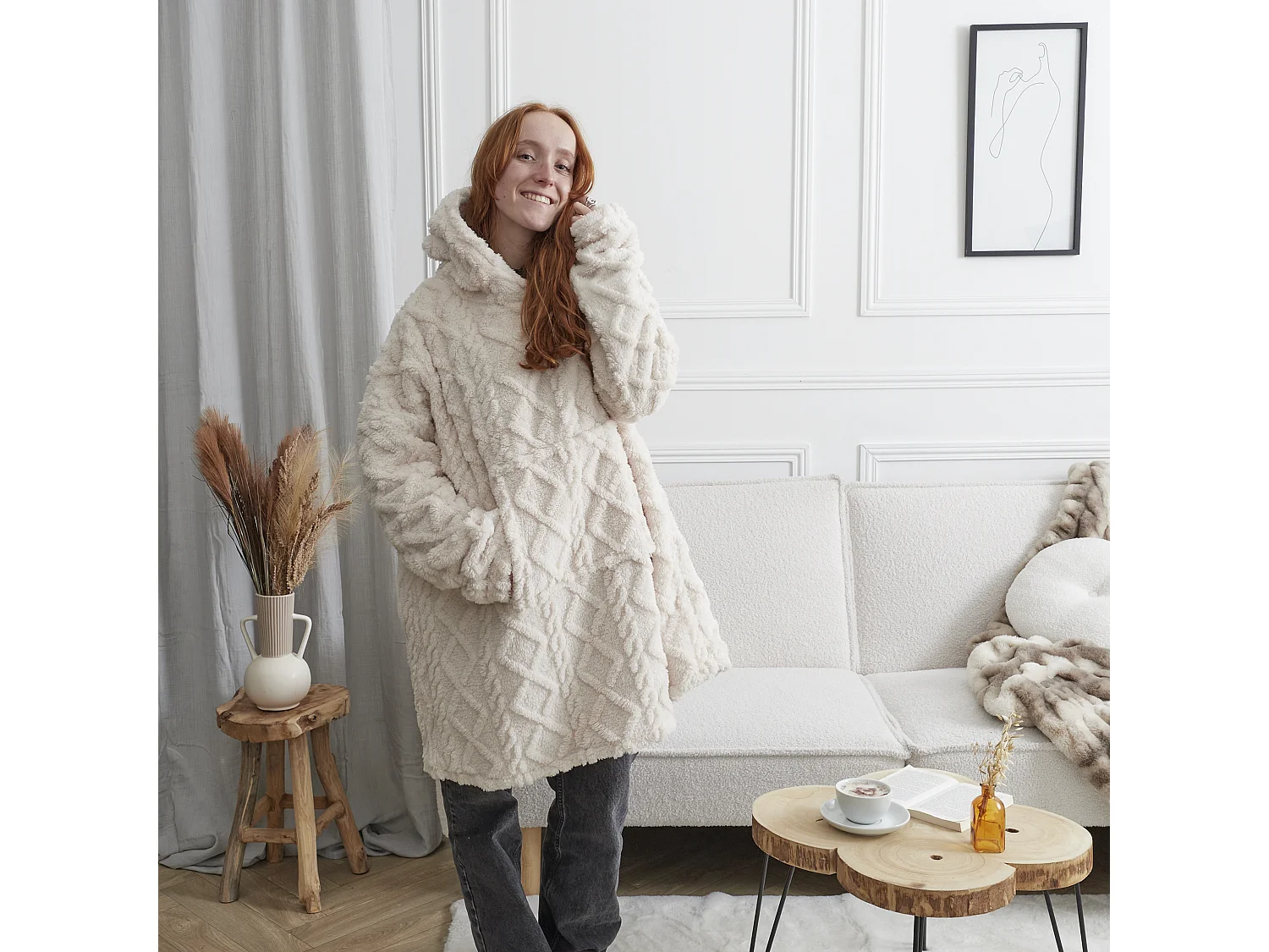 Sweat Plaid Jacquard Detail Sherpa Creme Beige