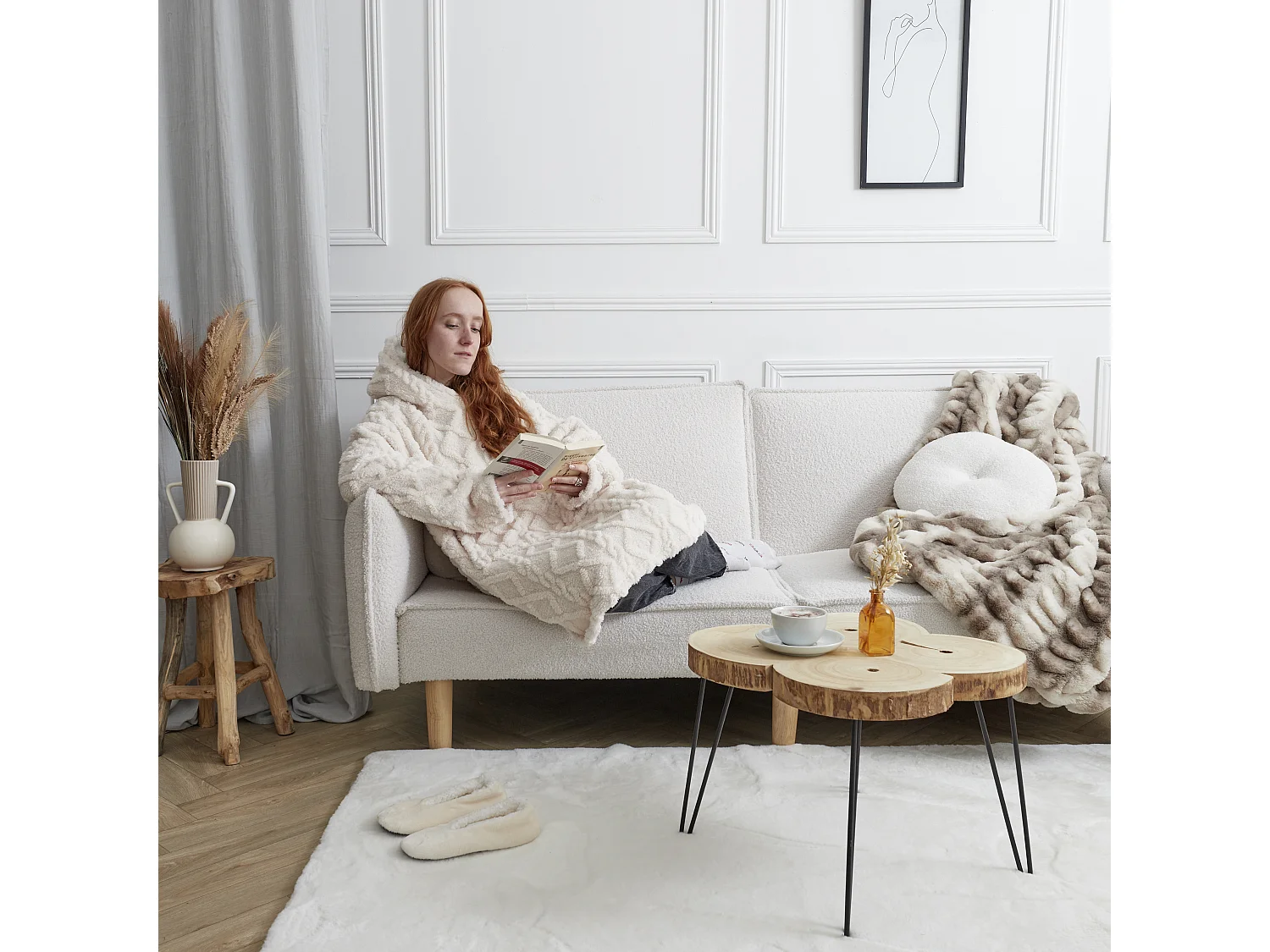 Sweat Plaid Jacquard Detail Sherpa Creme Beige