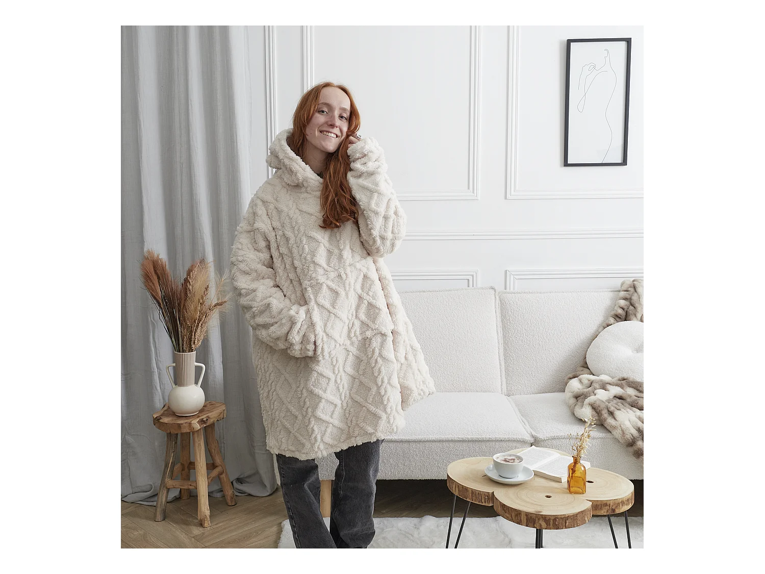 Sweat Plaid Jacquard Detail Sherpa Creme Beige