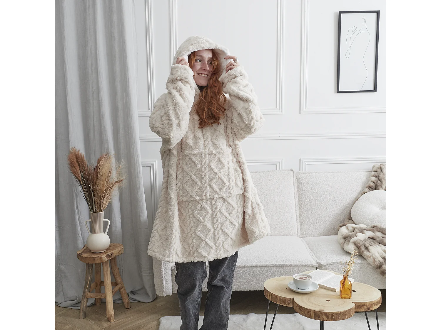 Sweat Plaid Jacquard Detail Sherpa Creme Beige