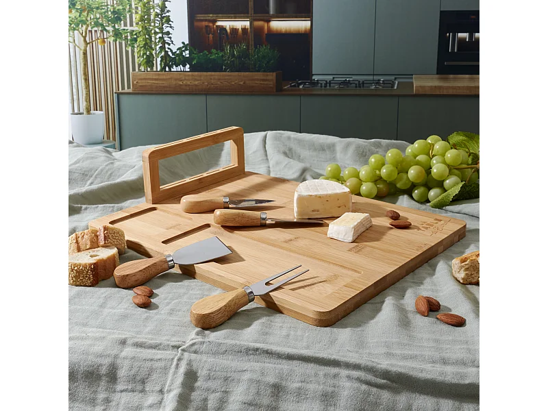 Planche A Fromage Bambou Avec 4 Couteaux Marron