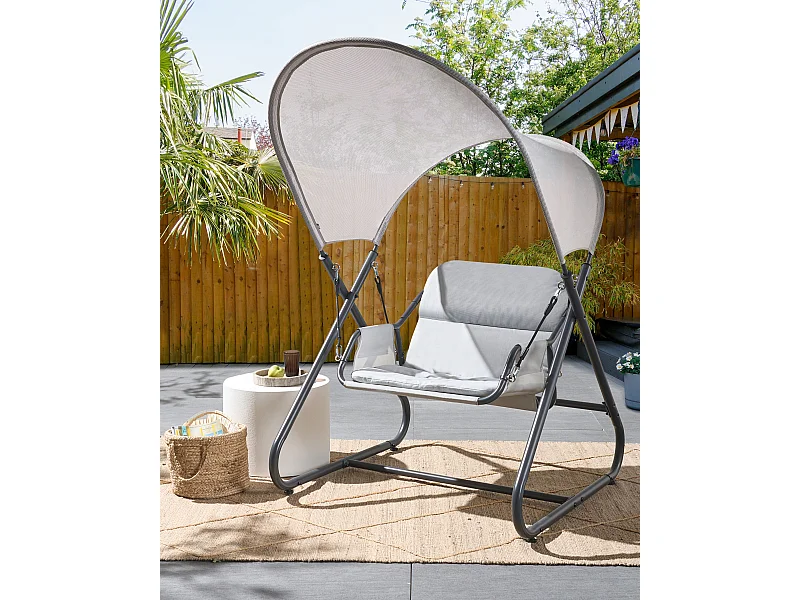 Gartenschaukel aus Mesh Stahl helles Grau mit Dach modern Solagna