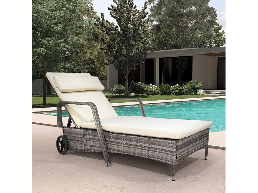 Tumbona para jardín y piscina de ratán con ruedas y reposabrazos Kanani - Blanco