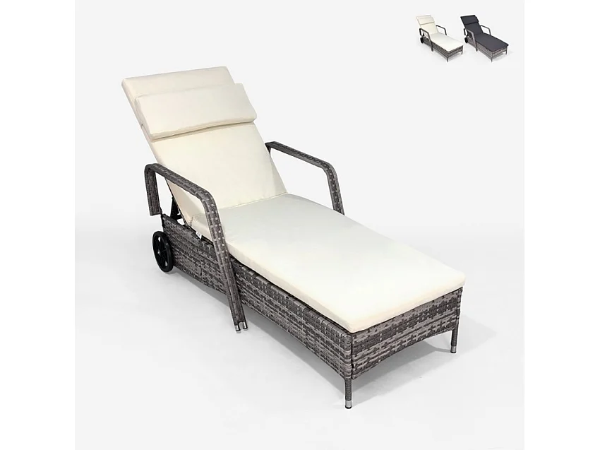 Tumbona para jardín y piscina de ratán con ruedas y reposabrazos Kanani - Blanco