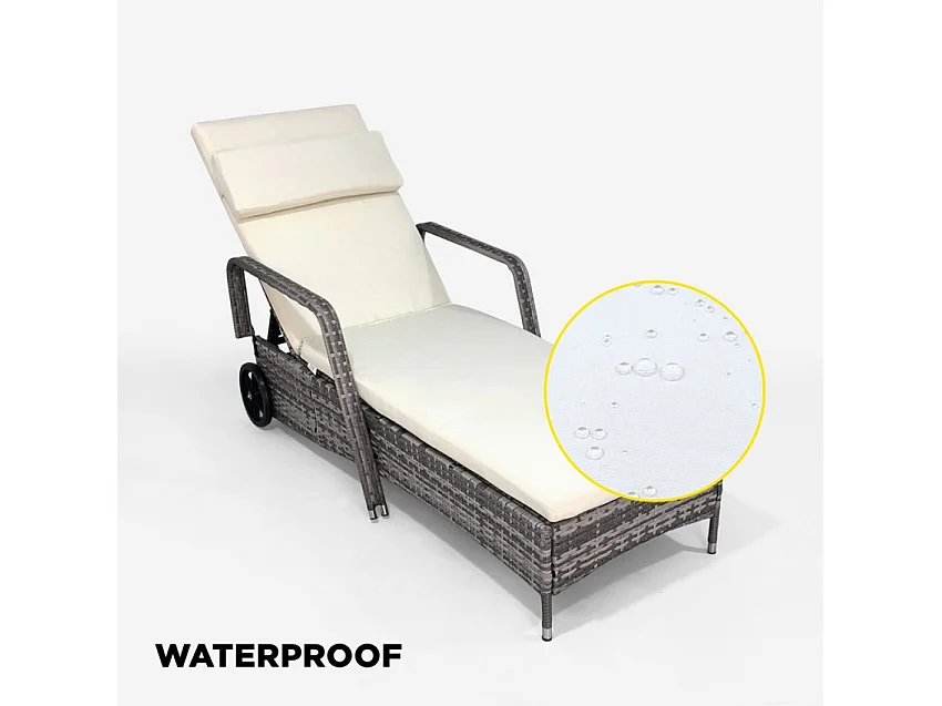 Tumbona para jardín y piscina de ratán con ruedas y reposabrazos Kanani - Blanco