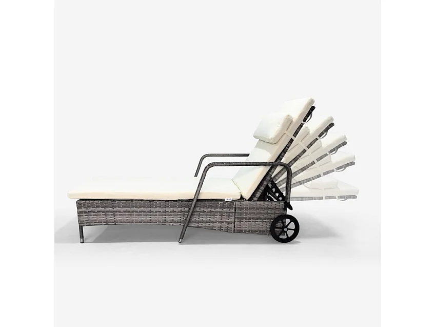 Tumbona para jardín y piscina de ratán con ruedas y reposabrazos Kanani - Blanco
