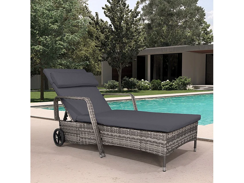 Tumbona para jardín y piscina de ratán con ruedas y reposabrazos Kanani - Gris