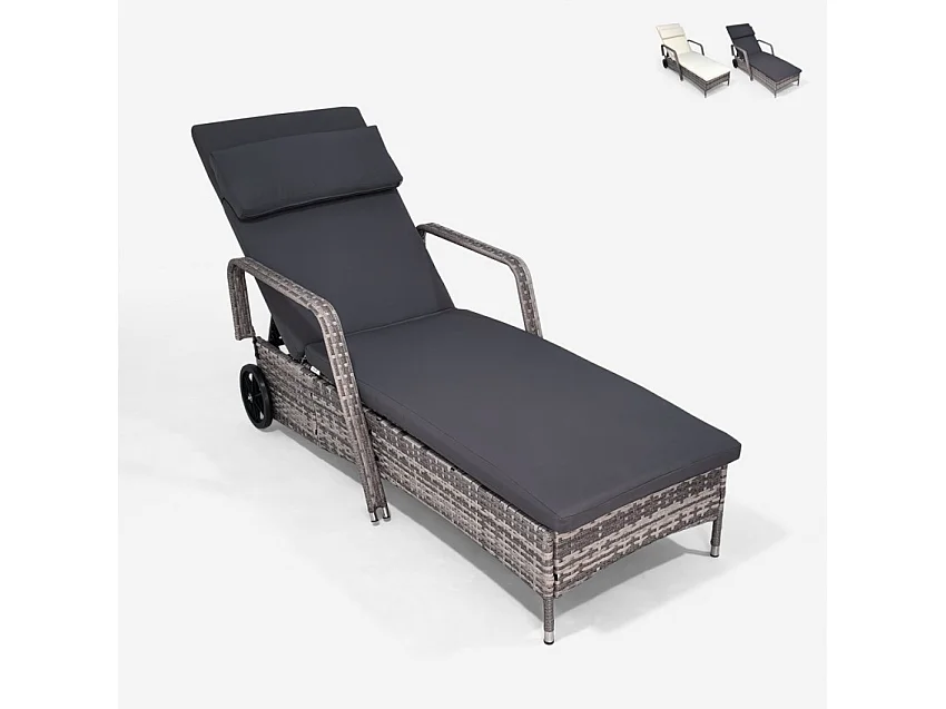 Tumbona para jardín y piscina de ratán con ruedas y reposabrazos Kanani - Gris